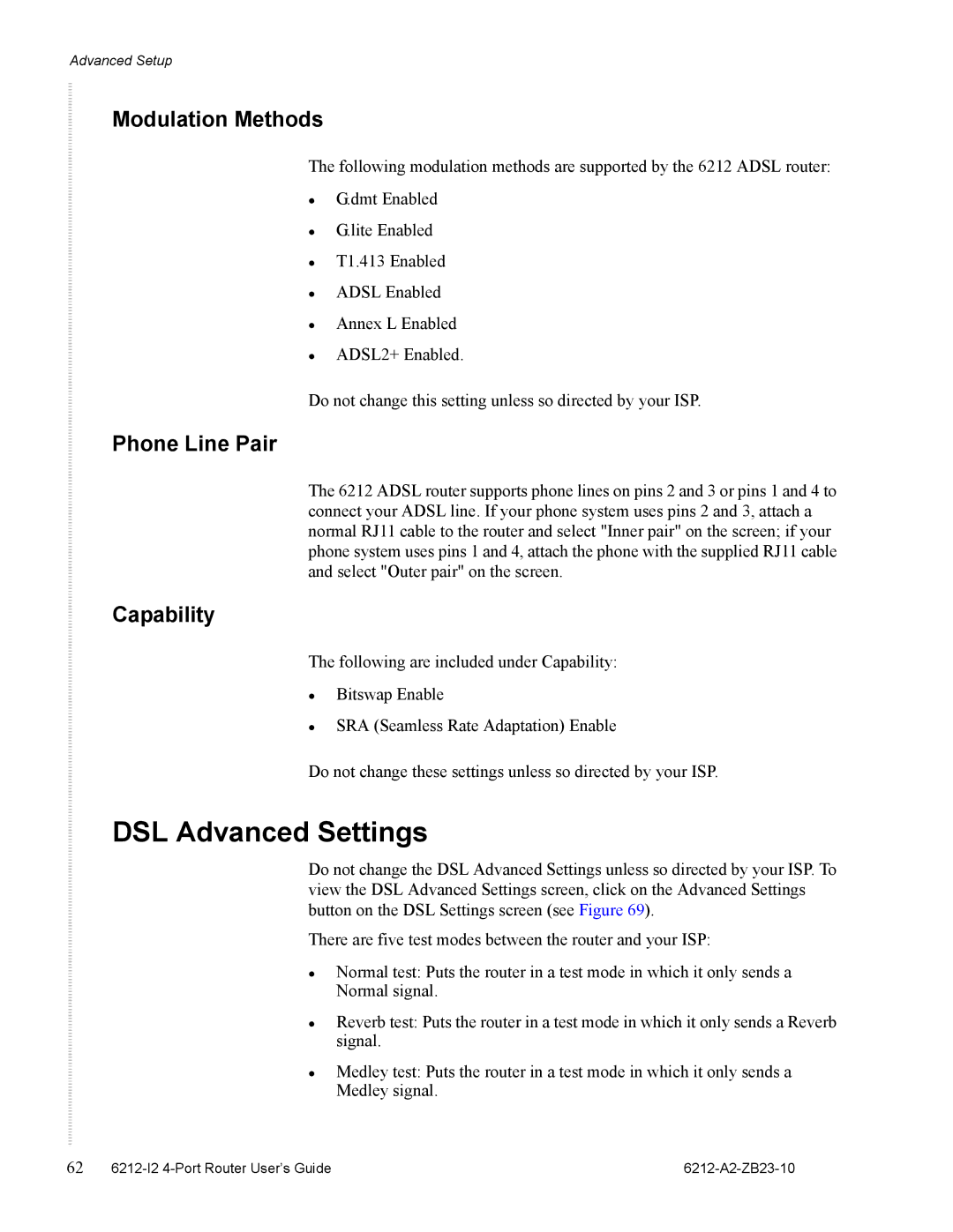 Zhone Technologies 6212-I2 manual DSL Advanced Settings, Modulation Methods, Phone Line Pair, Capability 