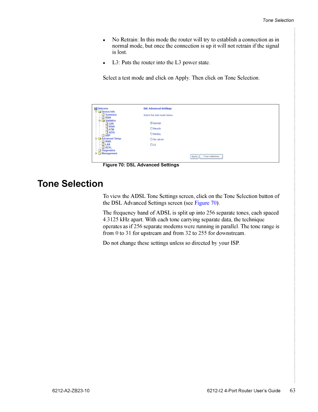 Zhone Technologies 6212-I2 manual Tone Selection, DSL Advanced Settings 