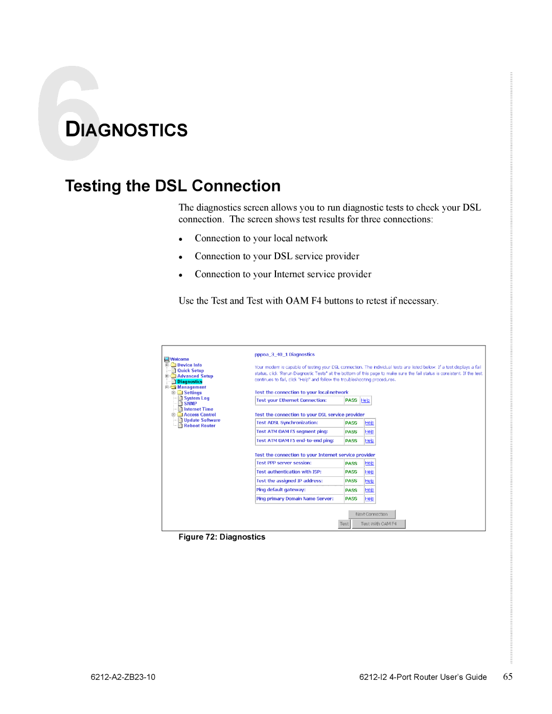 Zhone Technologies 6212-I2 manual Diagnostics, Testing the DSL Connection 