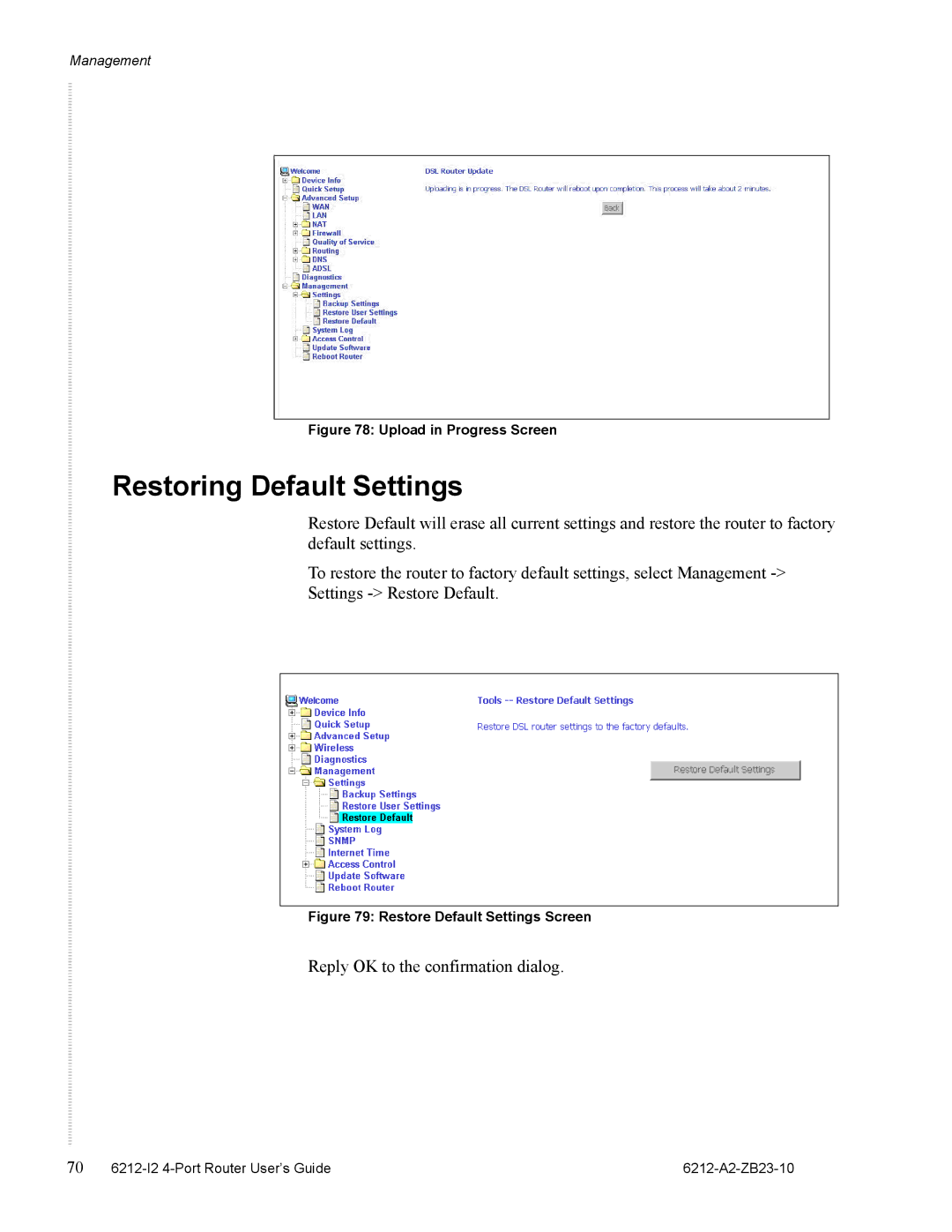 Zhone Technologies 6212-I2 manual Restoring Default Settings, Upload in Progress Screen 