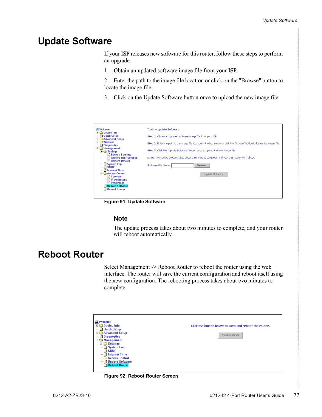 Zhone Technologies 6212-I2 manual Update Software, Reboot Router 