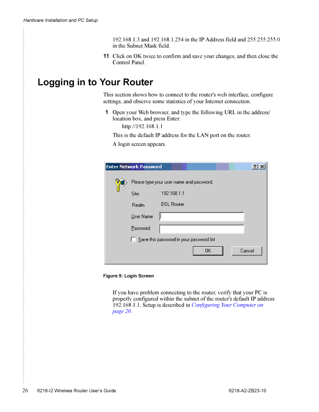 Zhone Technologies 6218-I2 manual Logging in to Your Router, Login Screen 