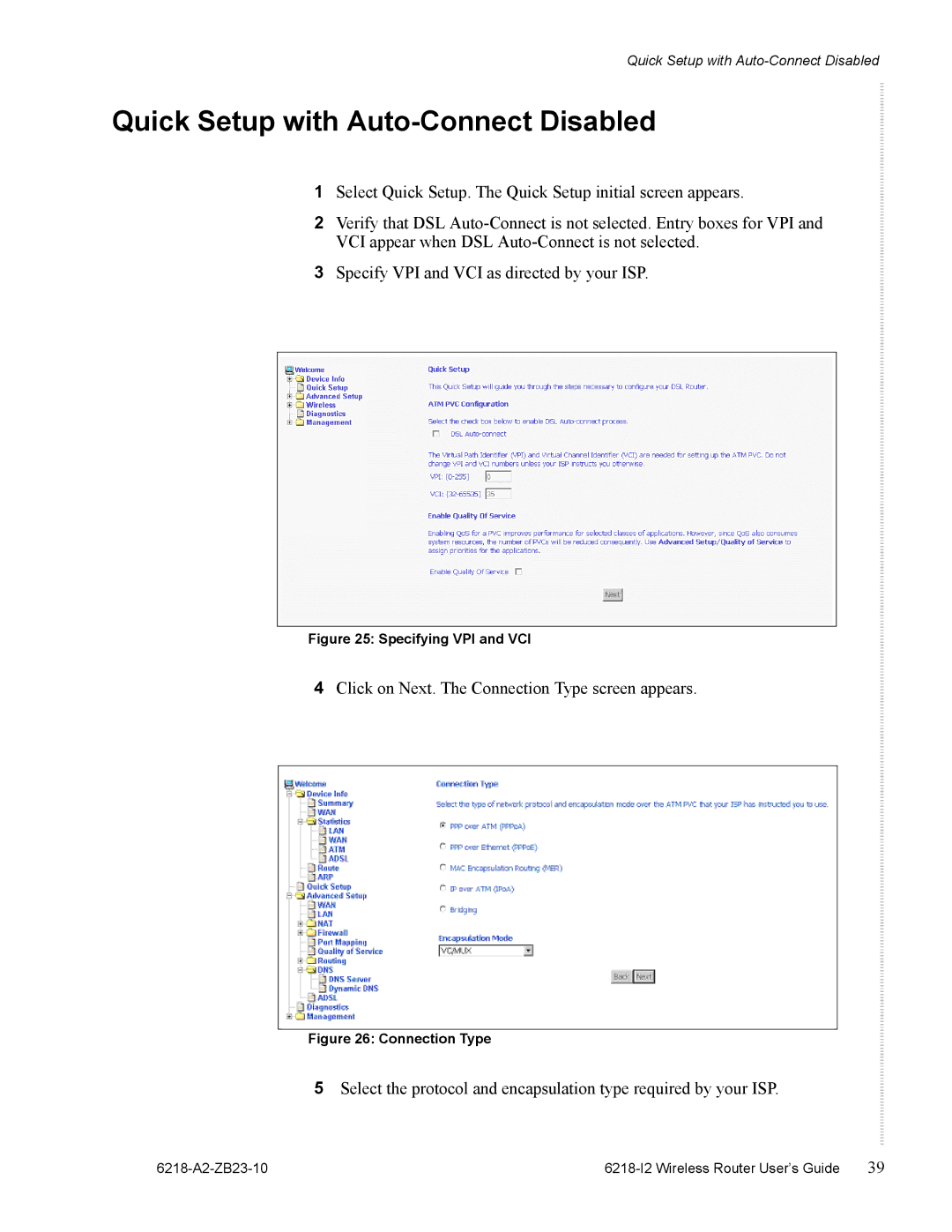 Zhone Technologies 6218-I2 manual Quick Setup with Auto-Connect Disabled, Specifying VPI and VCI 