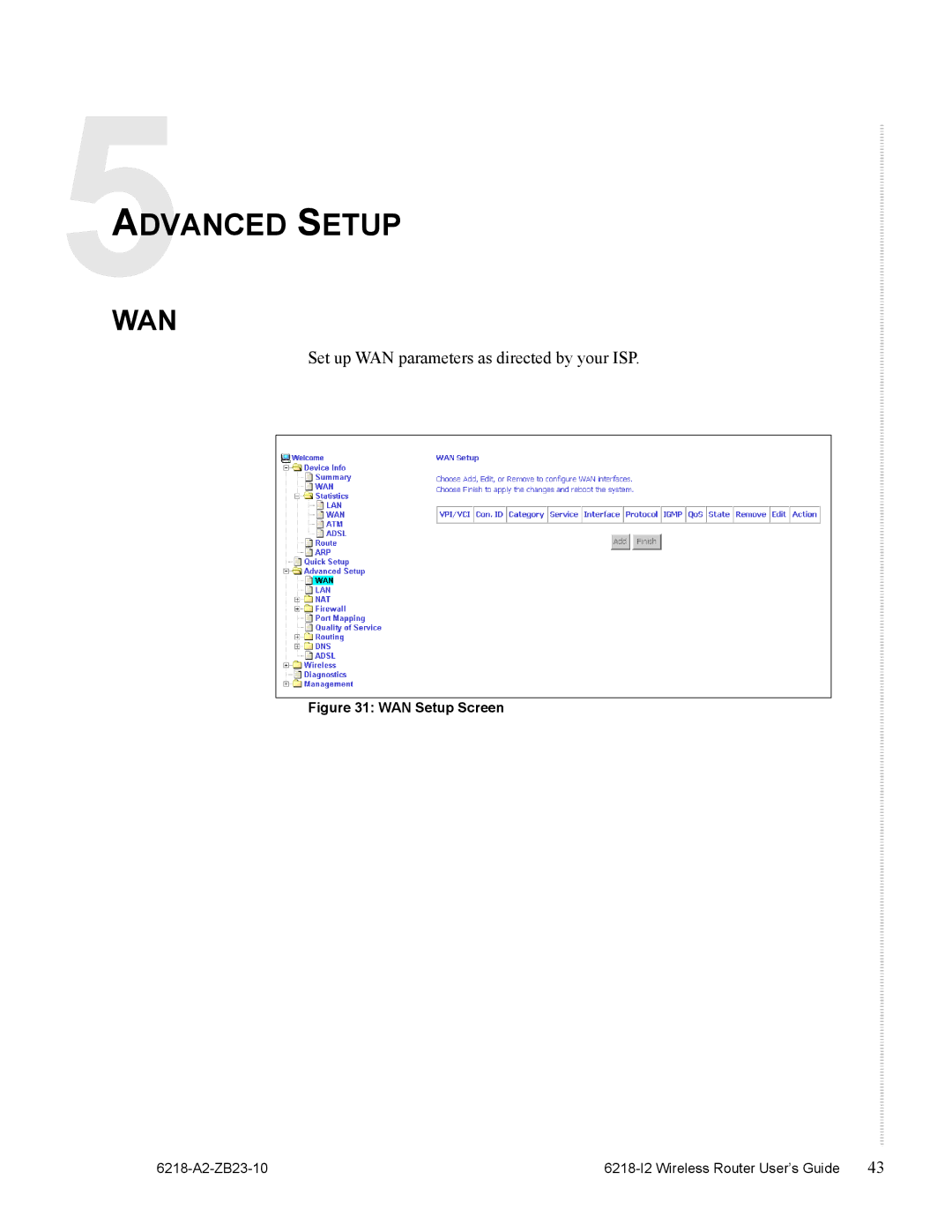 Zhone Technologies 6218-I2 manual Advanced Setup, WAN Setup Screen 