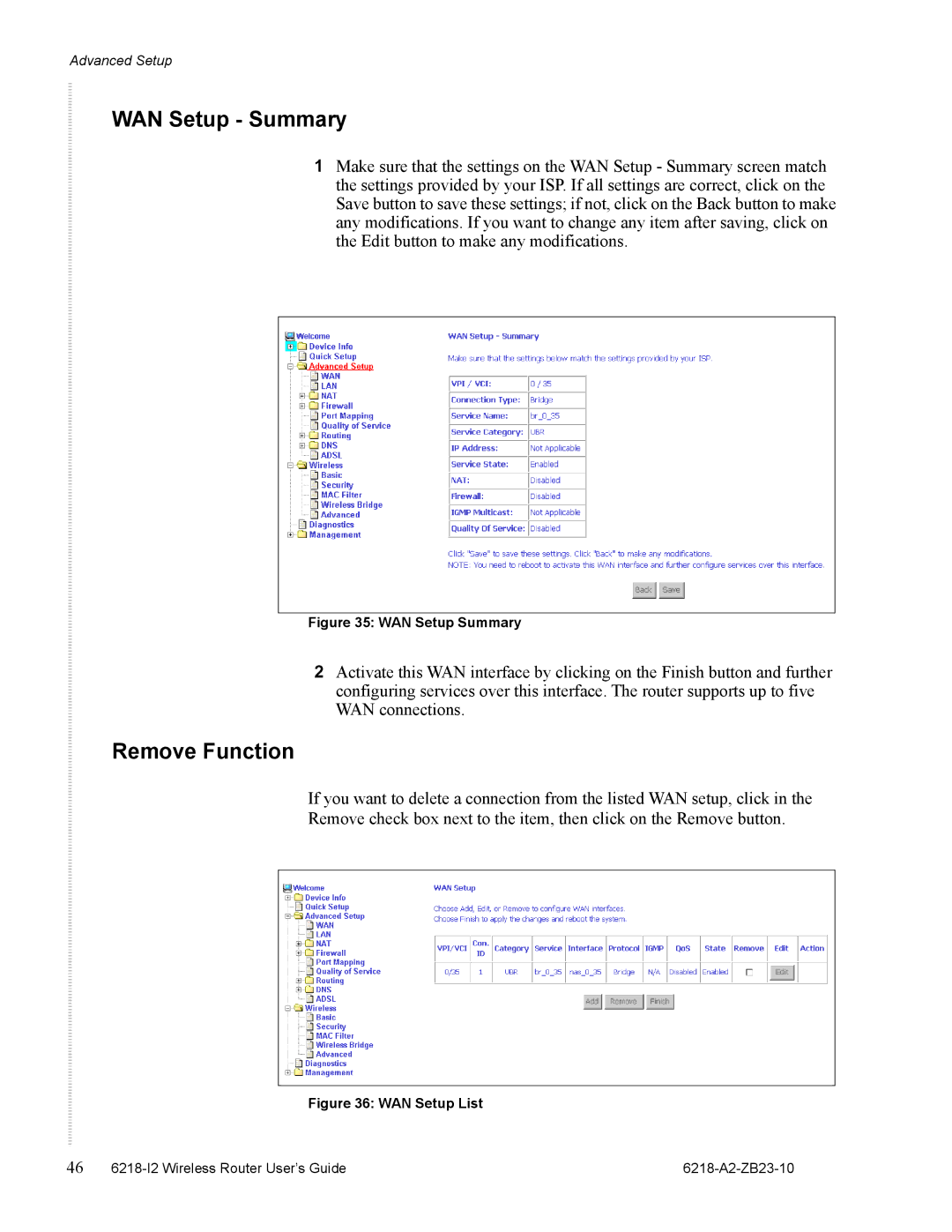 Zhone Technologies 6218-I2 manual WAN Setup Summary, Remove Function 