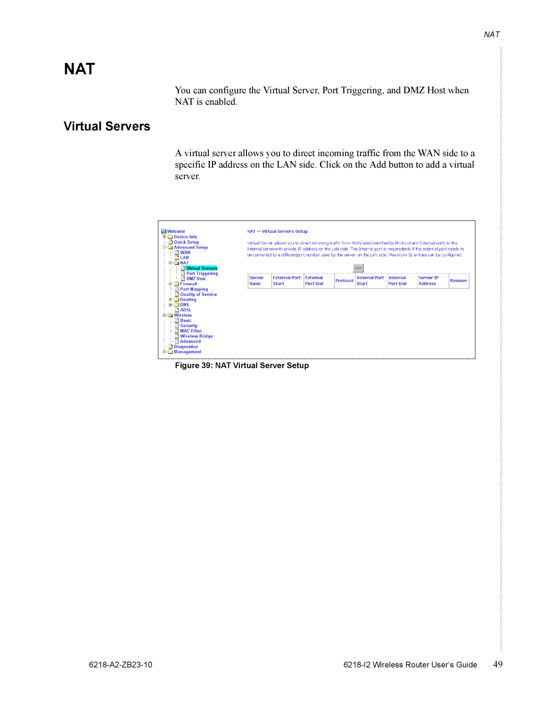 Zhone Technologies 6218-I2 manual Nat, Virtual Servers 