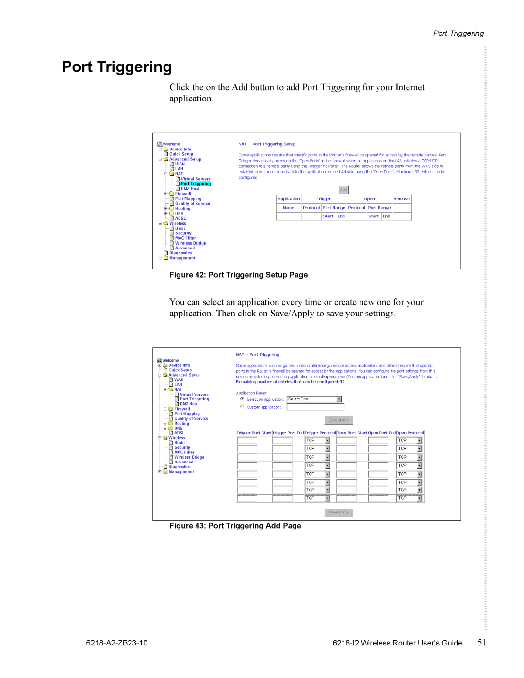 Zhone Technologies 6218-I2 manual Port Triggering Setup 