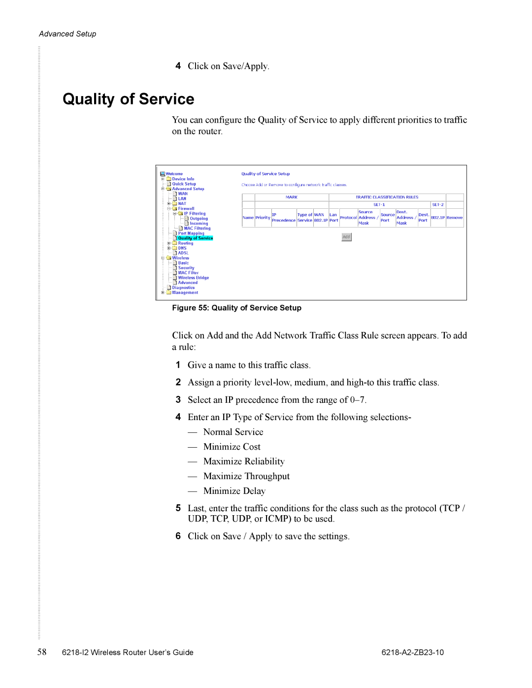 Zhone Technologies 6218-I2 manual Quality of Service Setup 