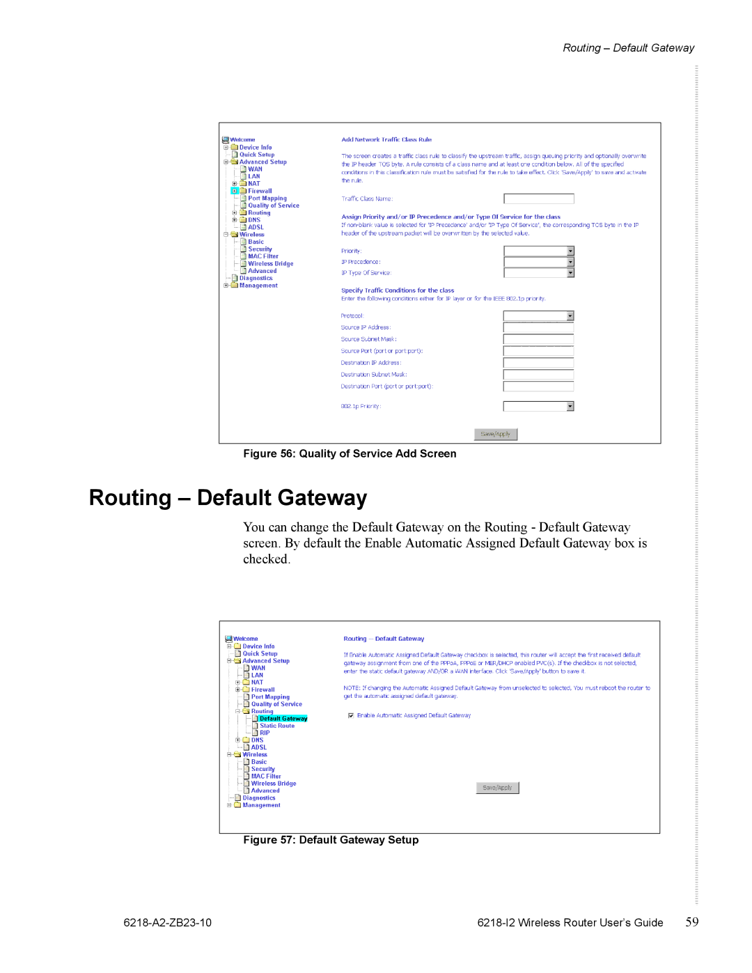 Zhone Technologies 6218-I2 manual Routing Default Gateway, Quality of Service Add Screen 