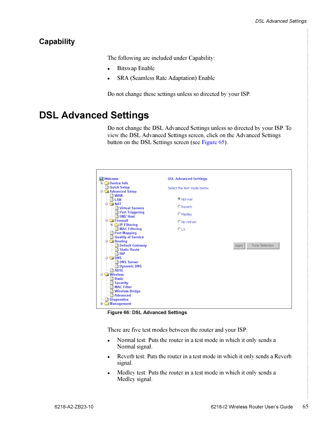 Zhone Technologies 6218-I2 manual DSL Advanced Settings, Capability 