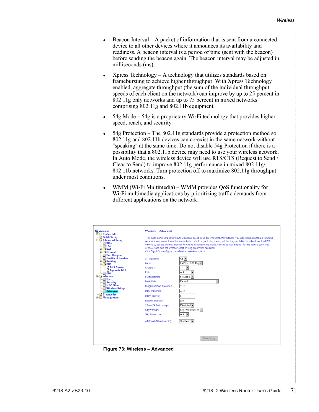 Zhone Technologies 6218-I2 manual Wireless Advanced 