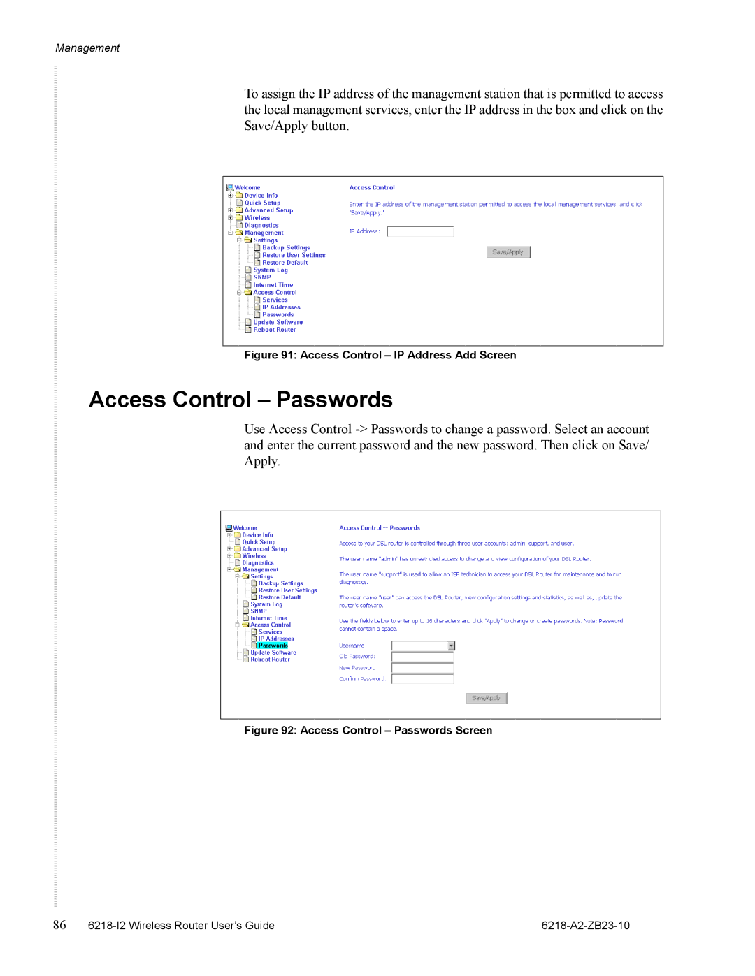 Zhone Technologies 6218-I2 manual Access Control Passwords, Access Control IP Address Add Screen 