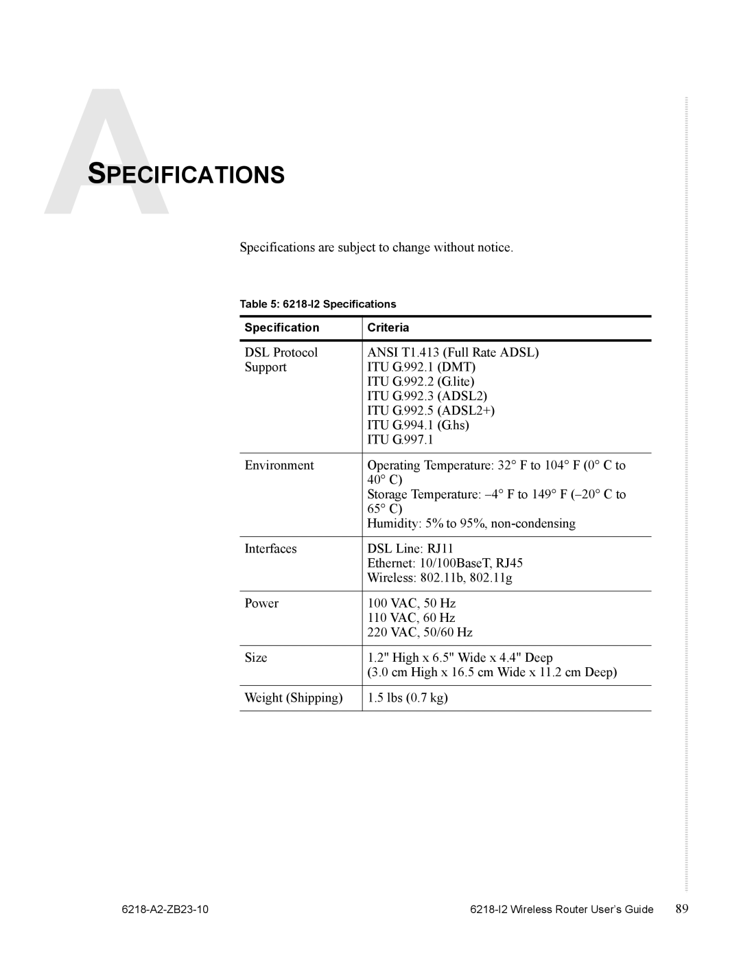 Zhone Technologies 6218-I2 manual Specifications 