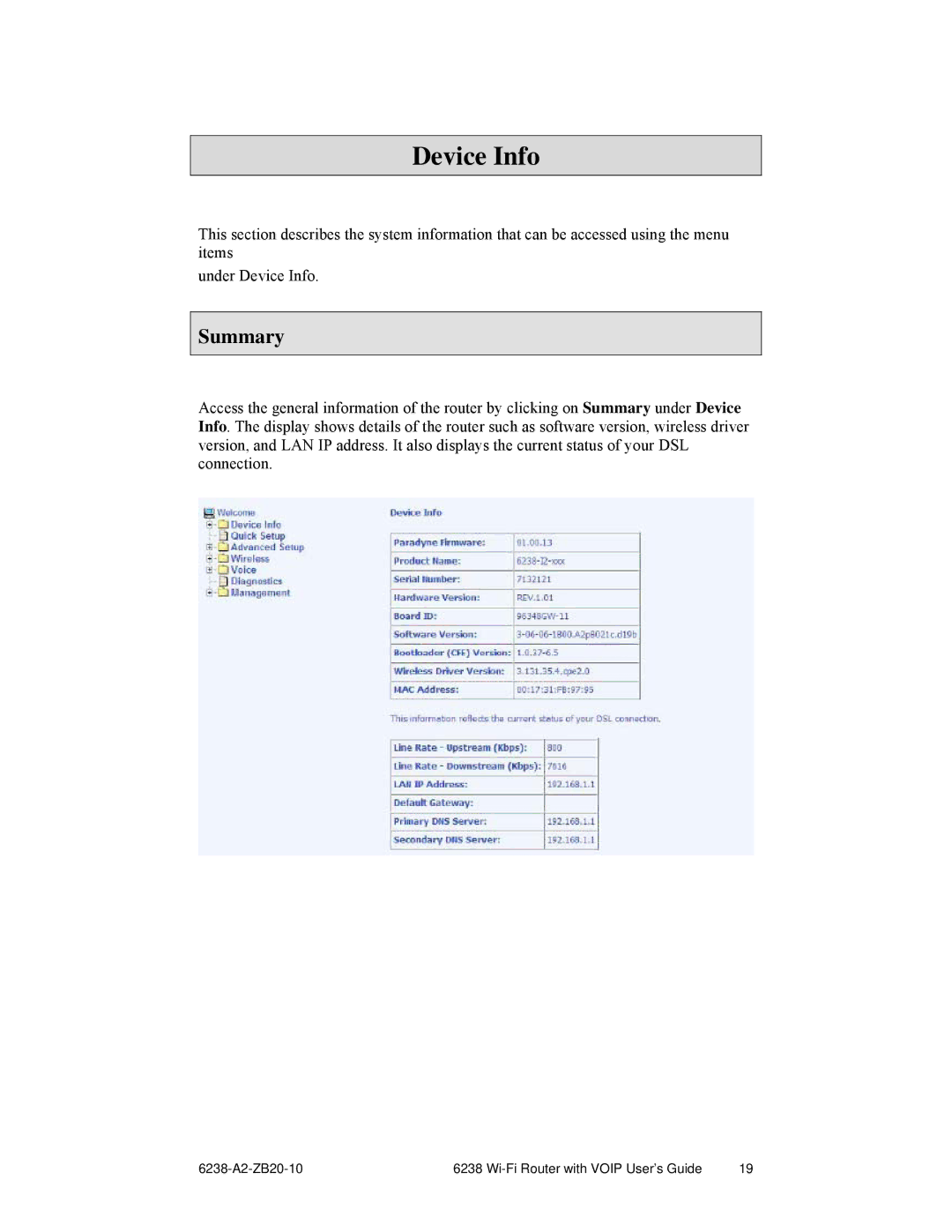 Zhone Technologies 6238-I2 manual Device Info, Summary 