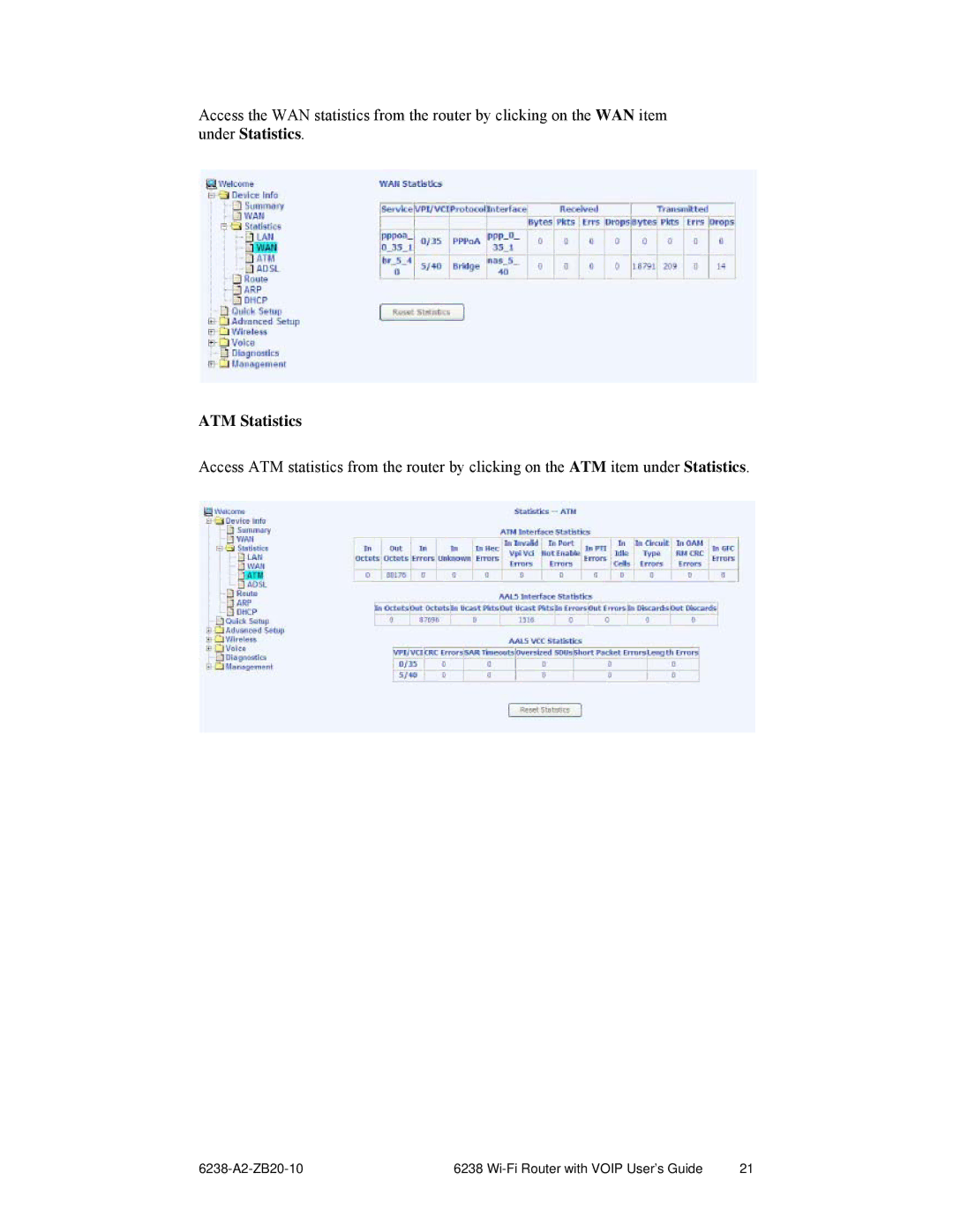 Zhone Technologies 6238-I2 manual ATM Statistics 