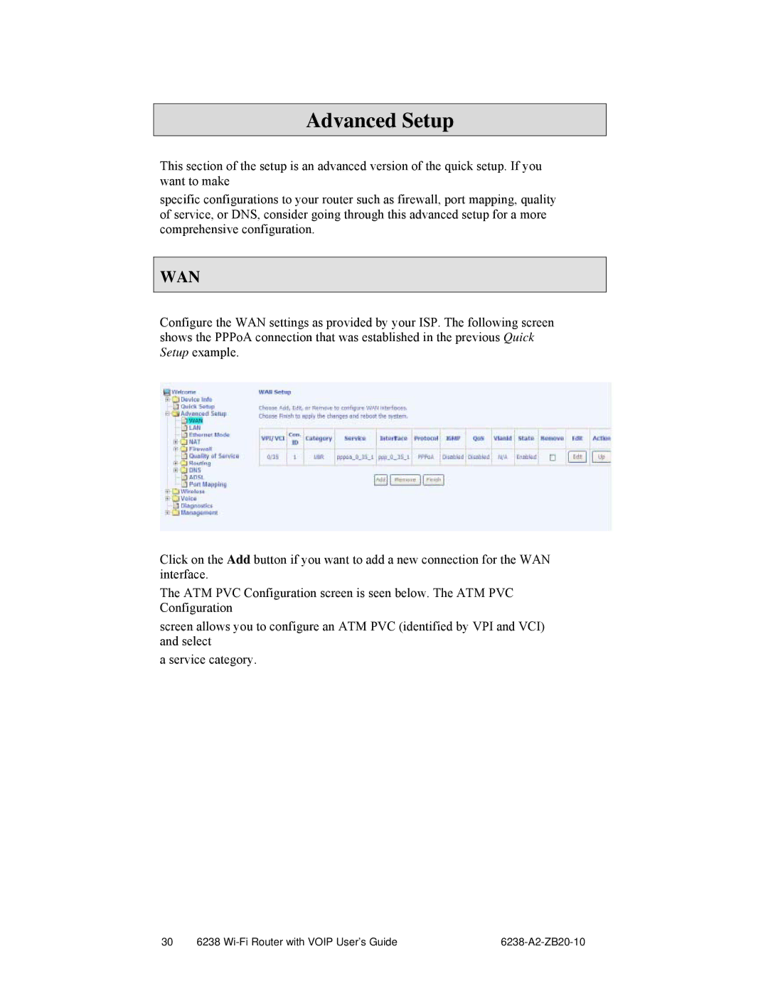 Zhone Technologies 6238-I2 manual Advanced Setup, Wan 