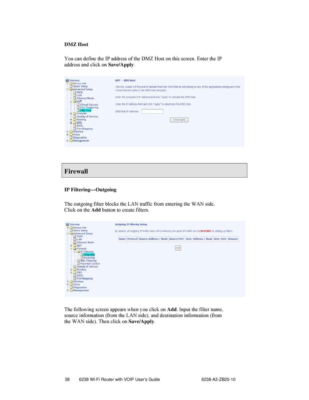 Zhone Technologies 6238-I2 manual Firewall, DMZ Host, IP Filtering-Outgoing 
