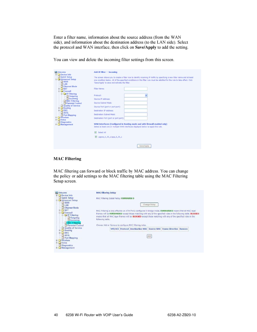 Zhone Technologies 6238-I2 manual MAC Filtering 
