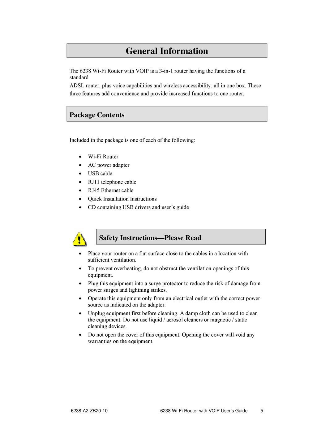 Zhone Technologies 6238-I2 manual General Information, Package Contents, Safety Instructions-Please Read 