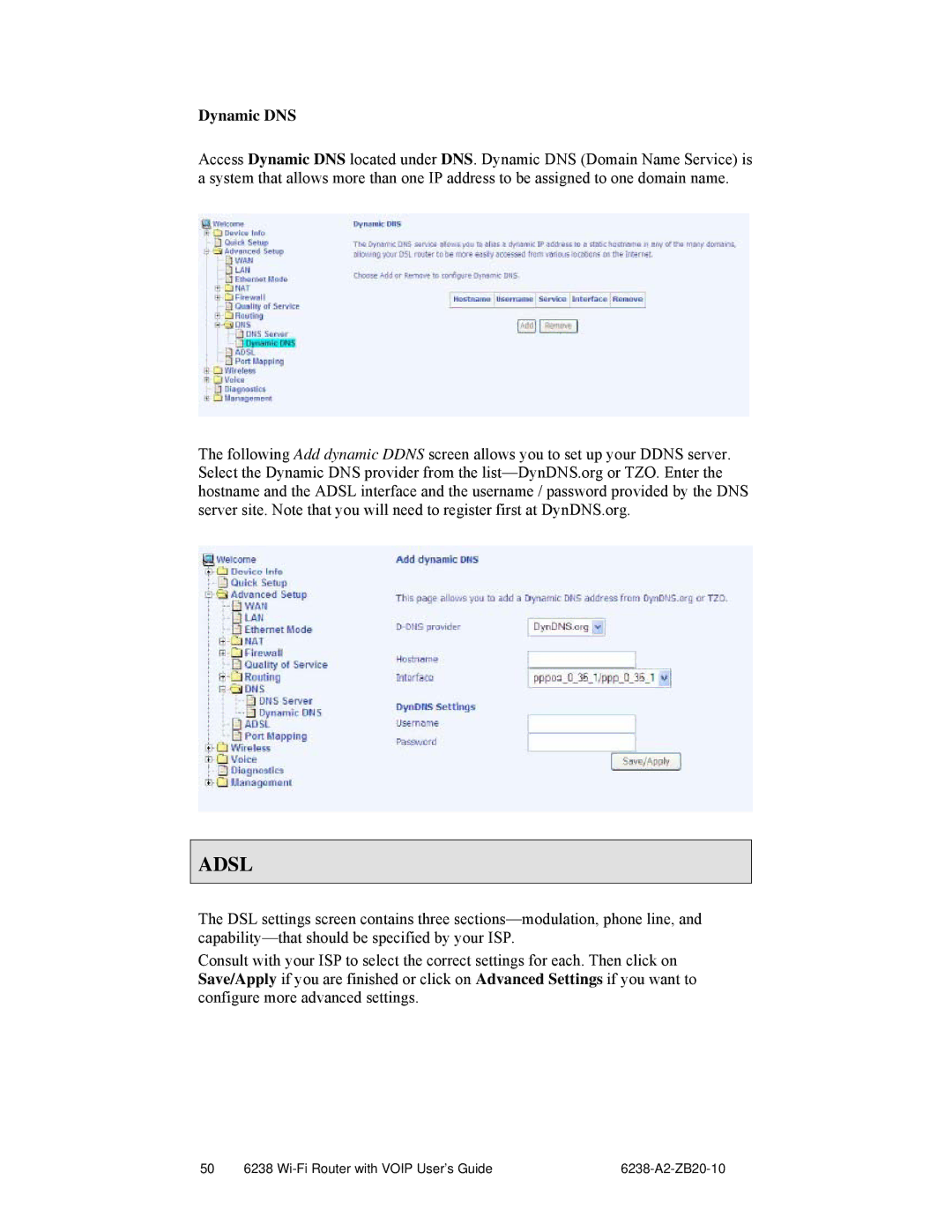 Zhone Technologies 6238-I2 manual Adsl, Dynamic DNS 