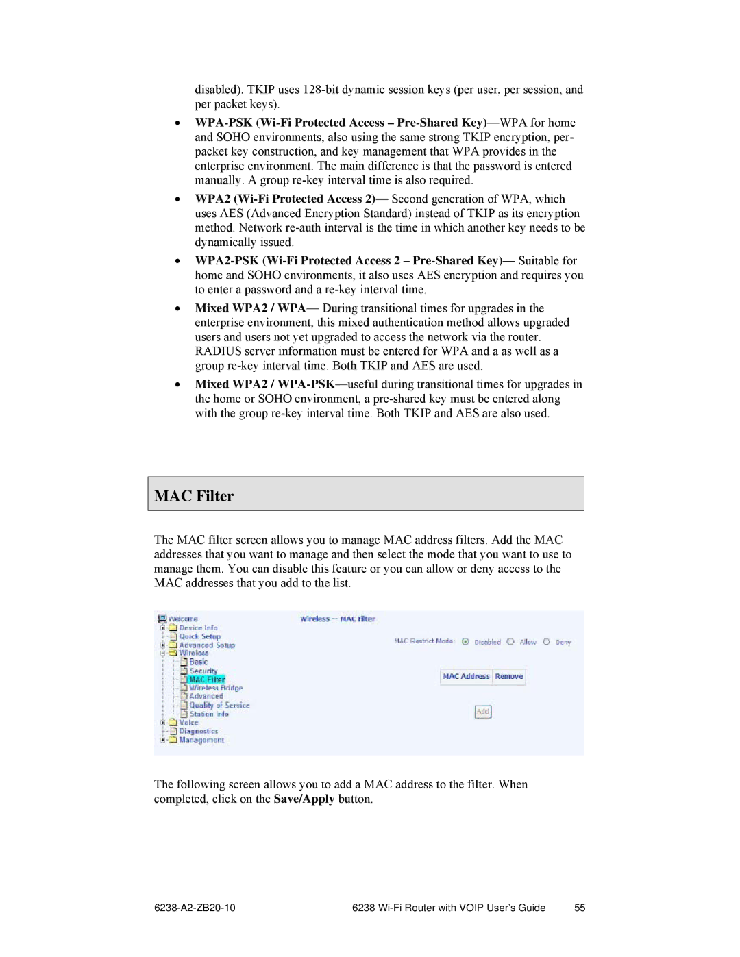 Zhone Technologies 6238-I2 manual MAC Filter 