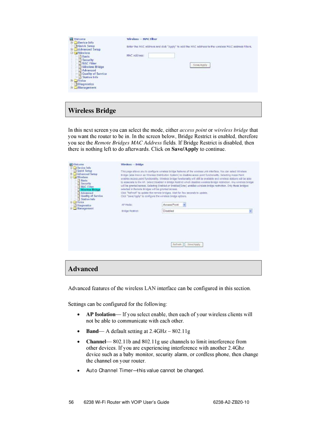 Zhone Technologies 6238-I2 manual Wireless Bridge, Advanced 