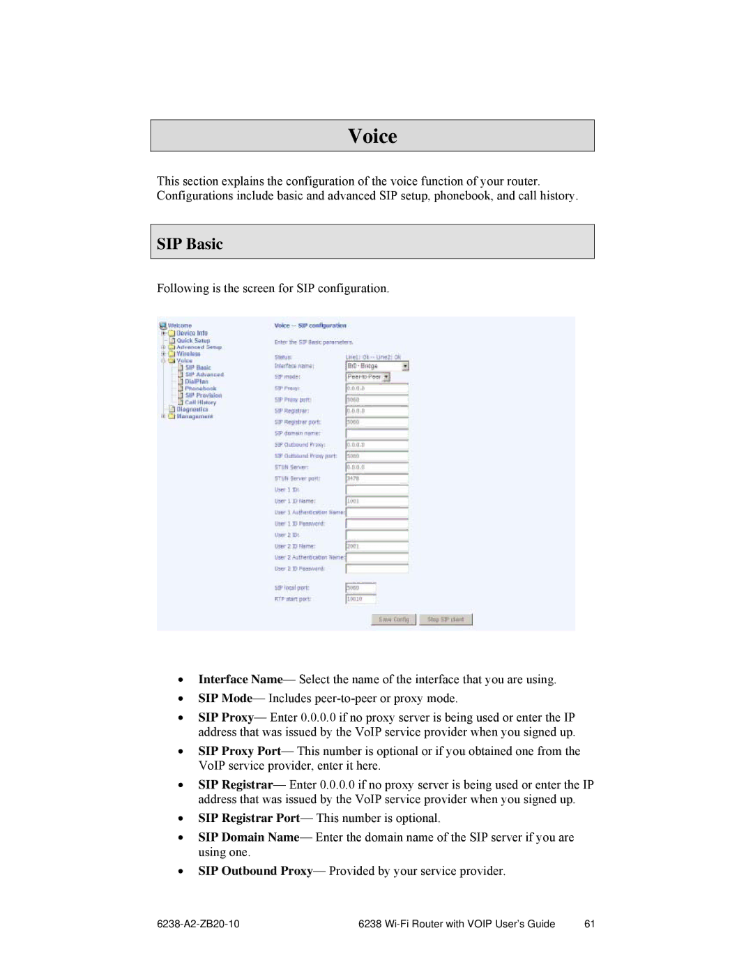 Zhone Technologies 6238-I2 manual Voice, SIP Basic 