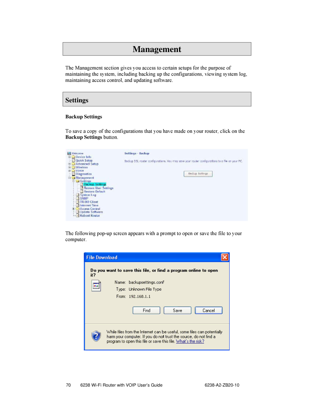 Zhone Technologies 6238-I2 manual Management, Backup Settings 