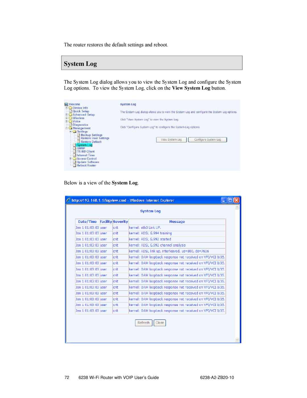 Zhone Technologies 6238-I2 manual System Log 