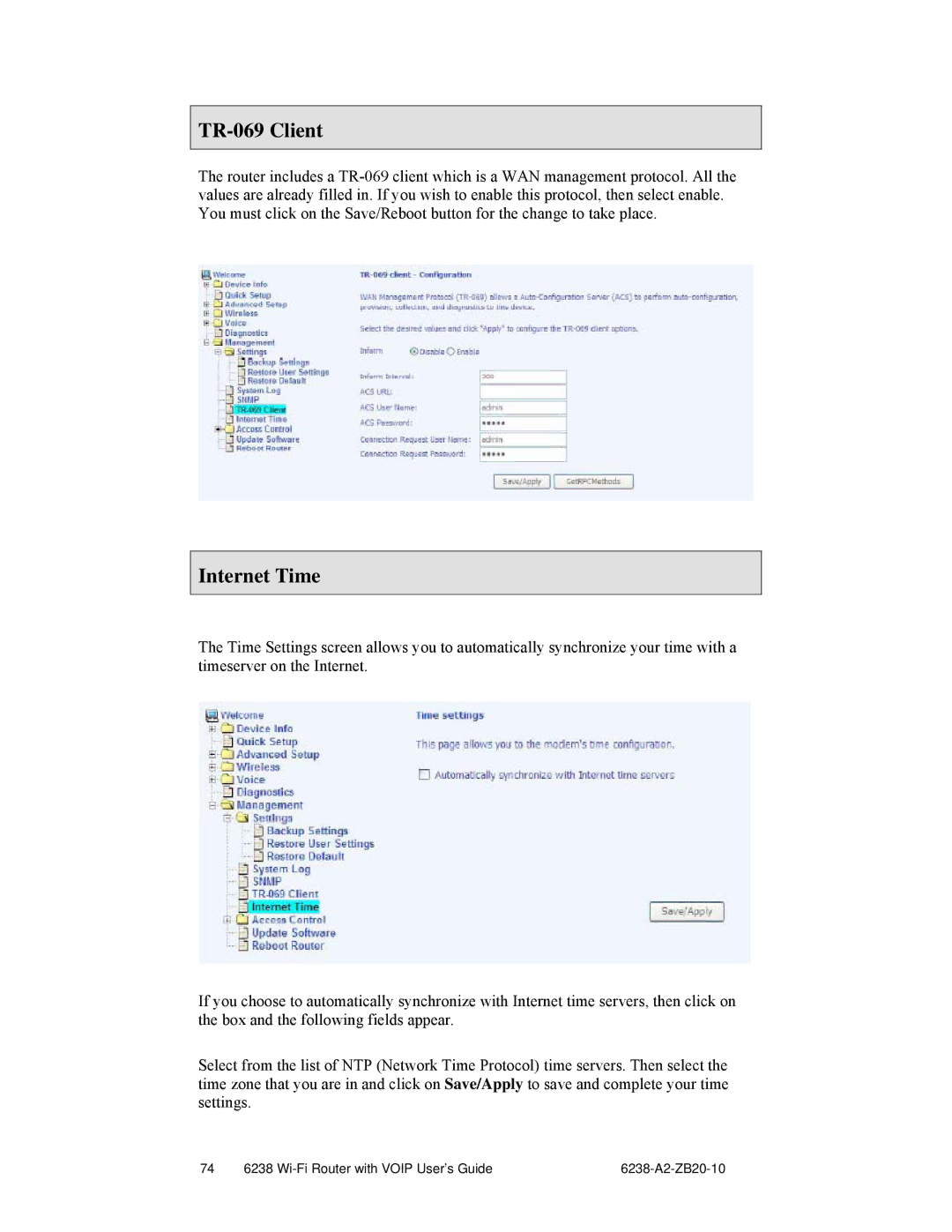 Zhone Technologies 6238-I2 manual TR-069 Client, Internet Time 