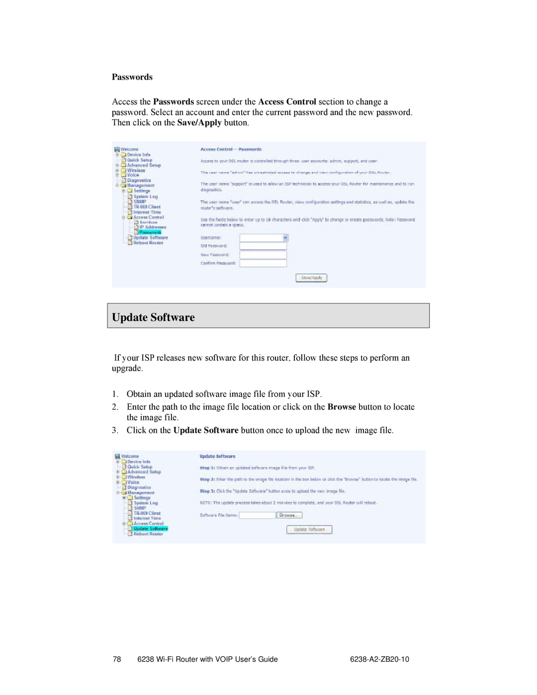 Zhone Technologies 6238-I2 manual Update Software, Passwords 