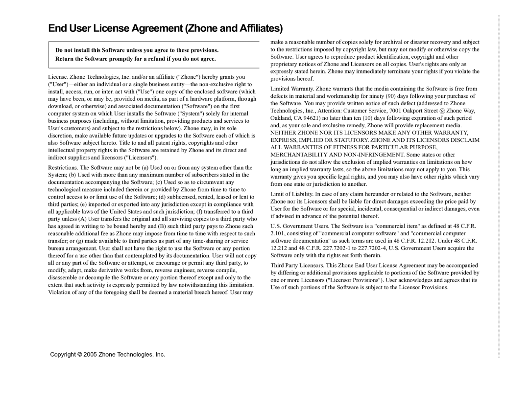 Zhone Technologies 6381-A3 installation instructions End User License Agreement Zhone and Affiliates 