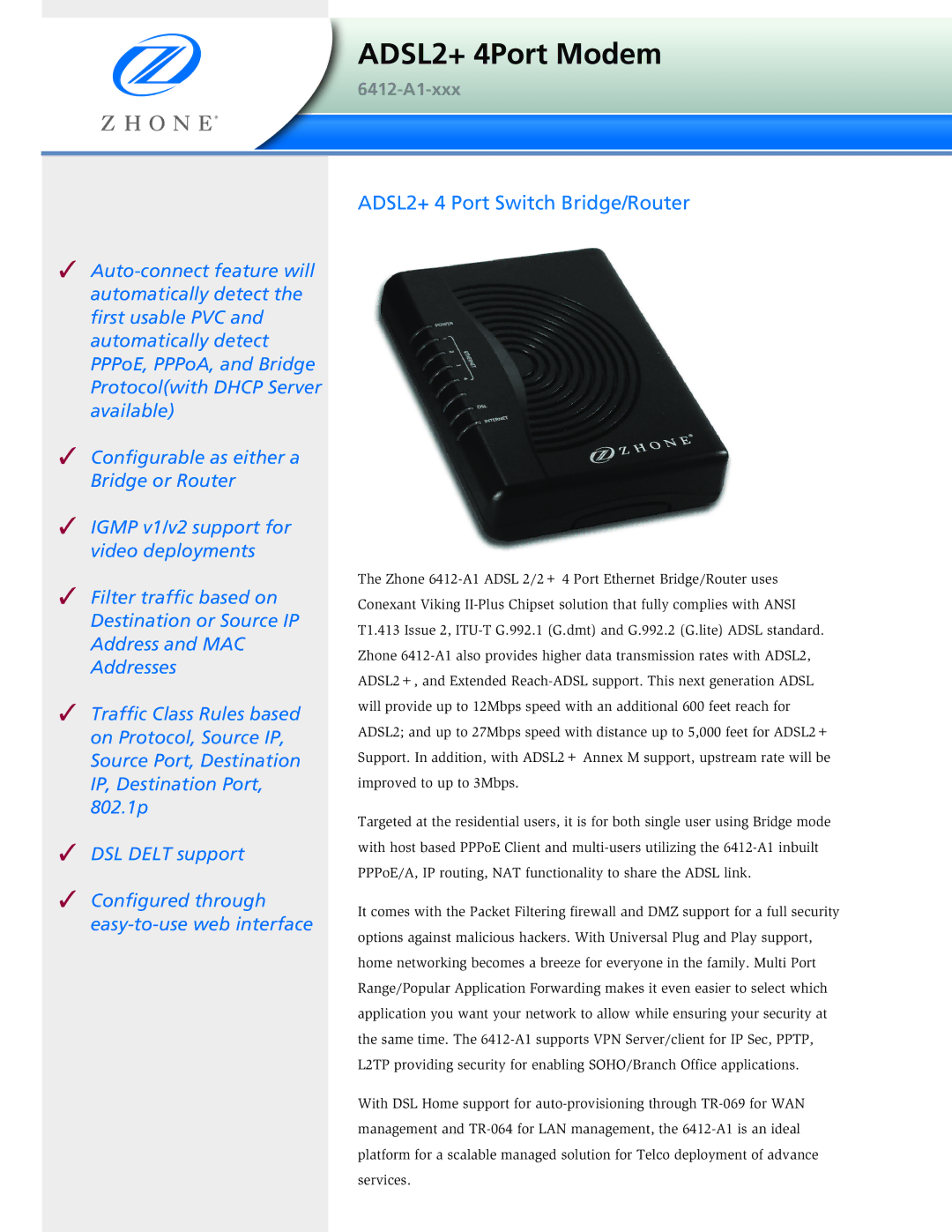 Zhone Technologies 6412-A1-xxx manual ADSL2+ 4Port Modem 