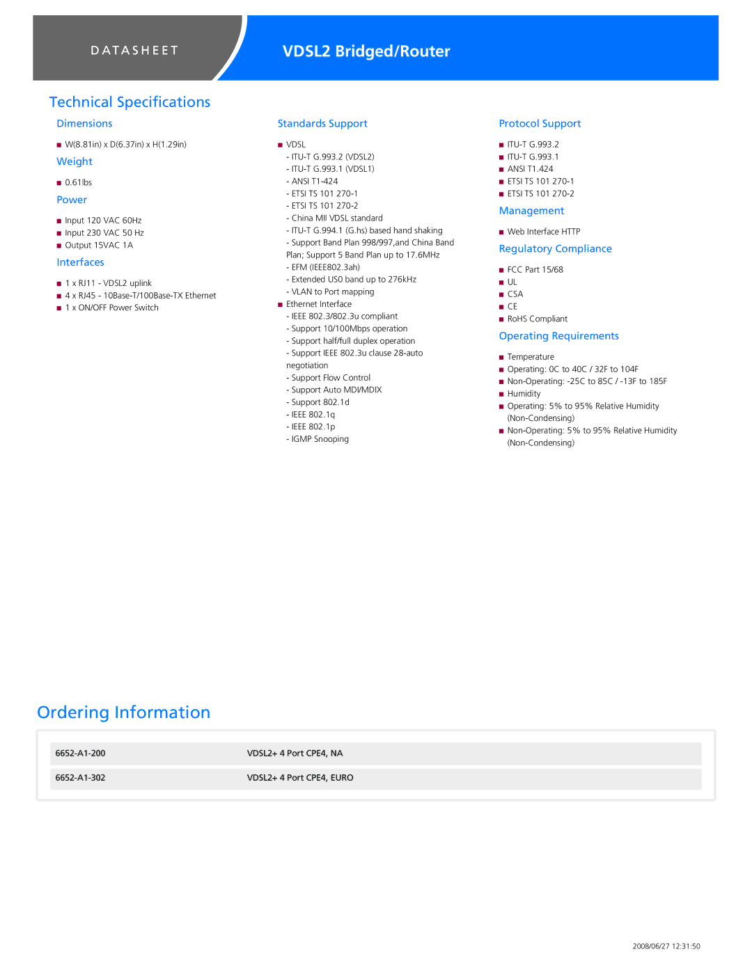 Zhone Technologies 6652-A1 manual Ordering Information, VDSL2 Bridged/Router, Technical Specifications 