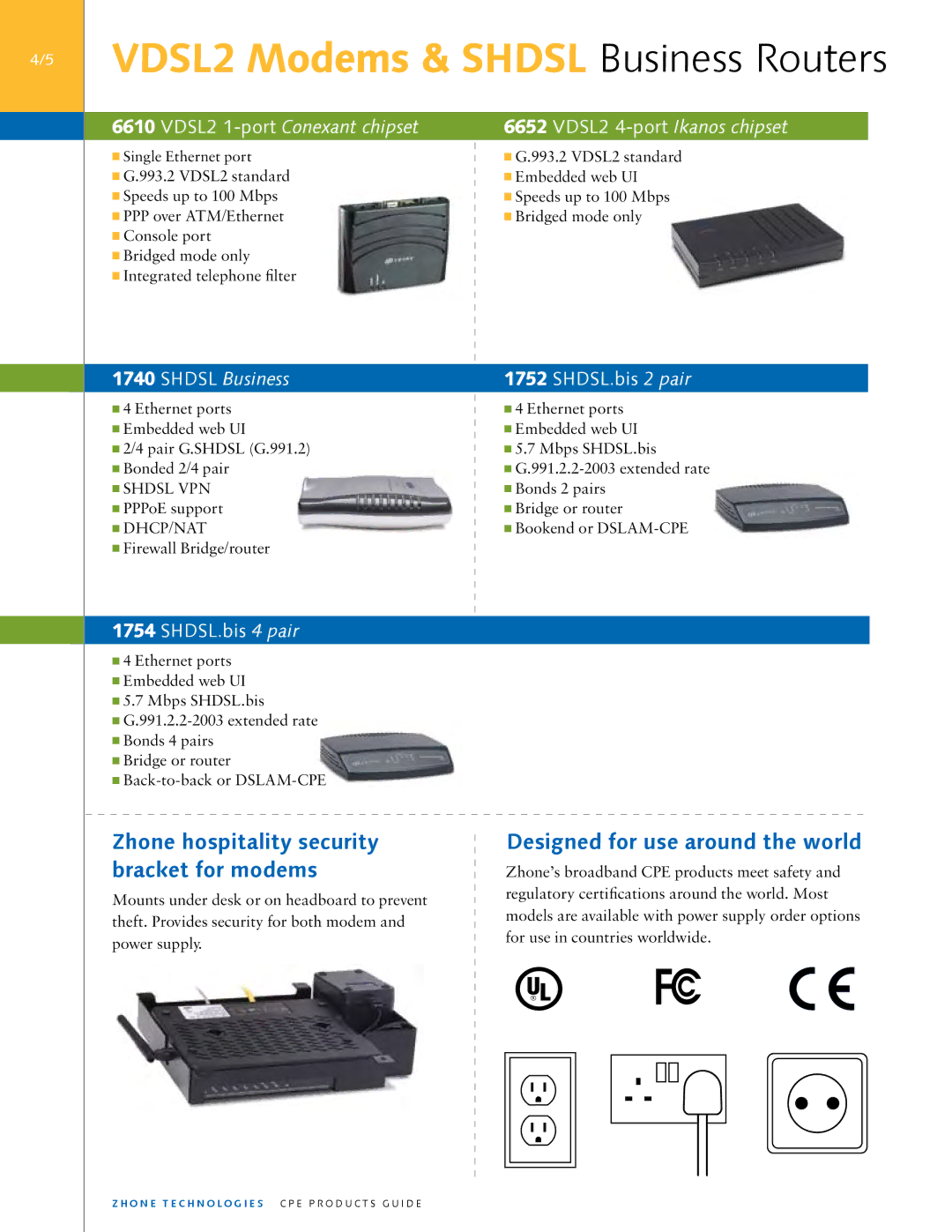 Zhone Technologies 2210, 7310 Designed for use around the world, VDSL2 1-portConexant chipset VDSL2 4-portIkanos chipset 