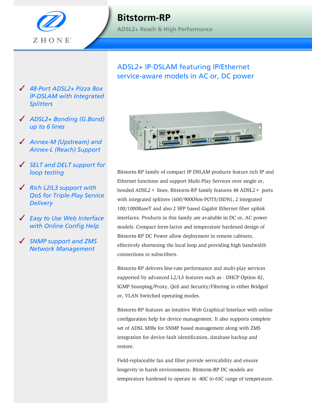 Zhone Technologies ADSL2+ Reach & High Performance manual Bitstorm-RP 