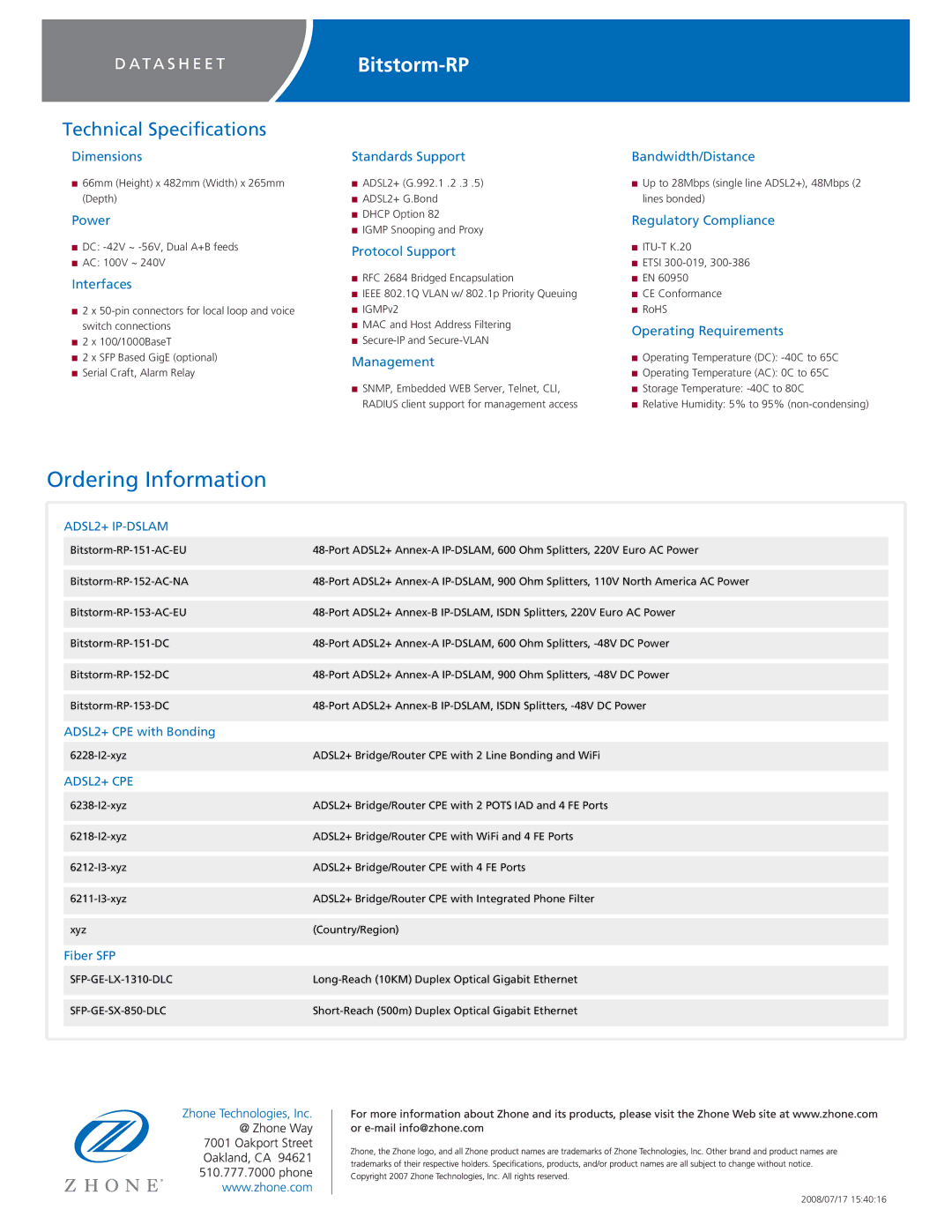 Zhone Technologies ADSL2+ Reach & High Performance manual ADSL2+ IP-DSLAM, ADSL2+ CPE 