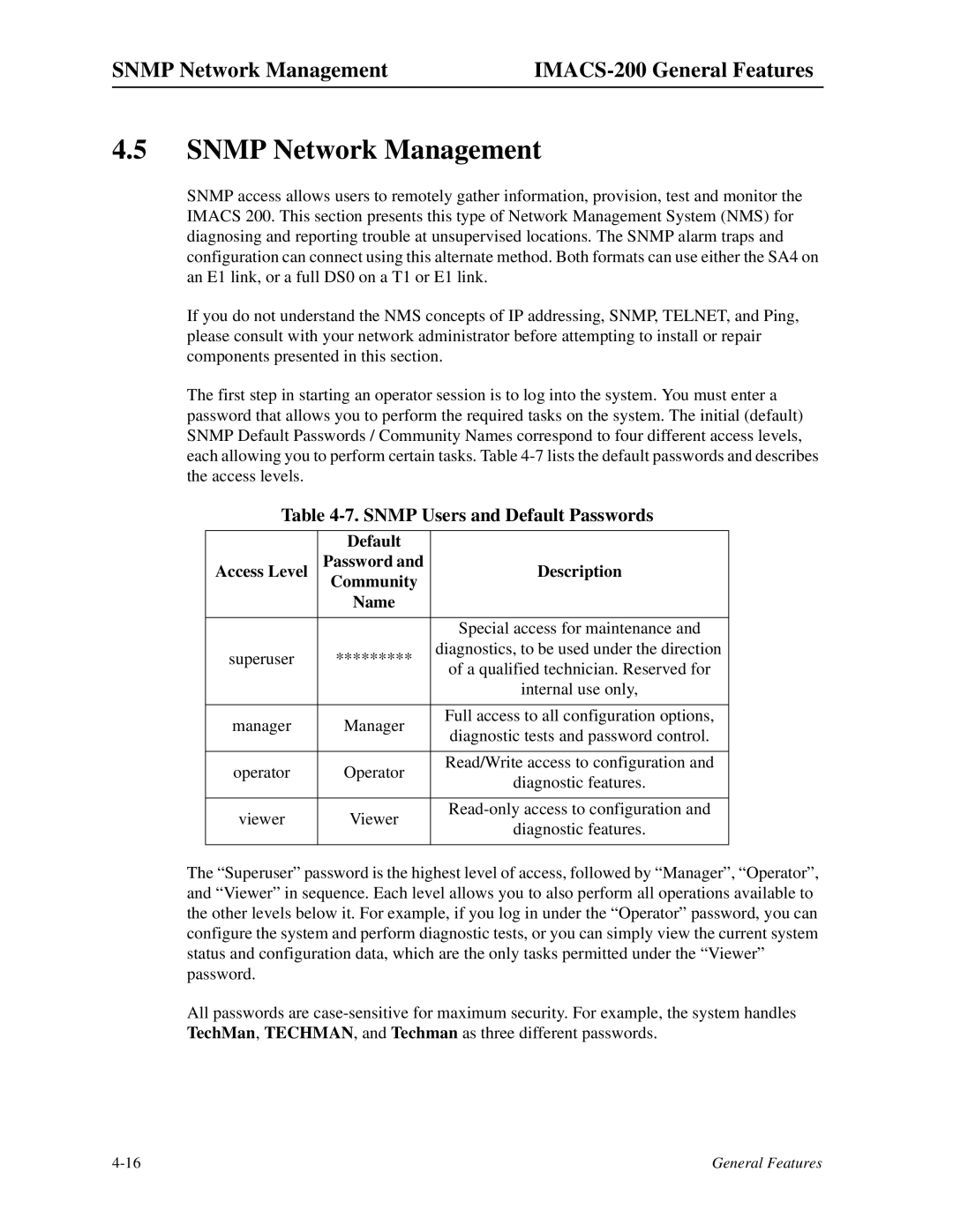 Zhone Technologies Snmp Network Management IMACS-200 General Features, Snmp Users and Default Passwords, Community 