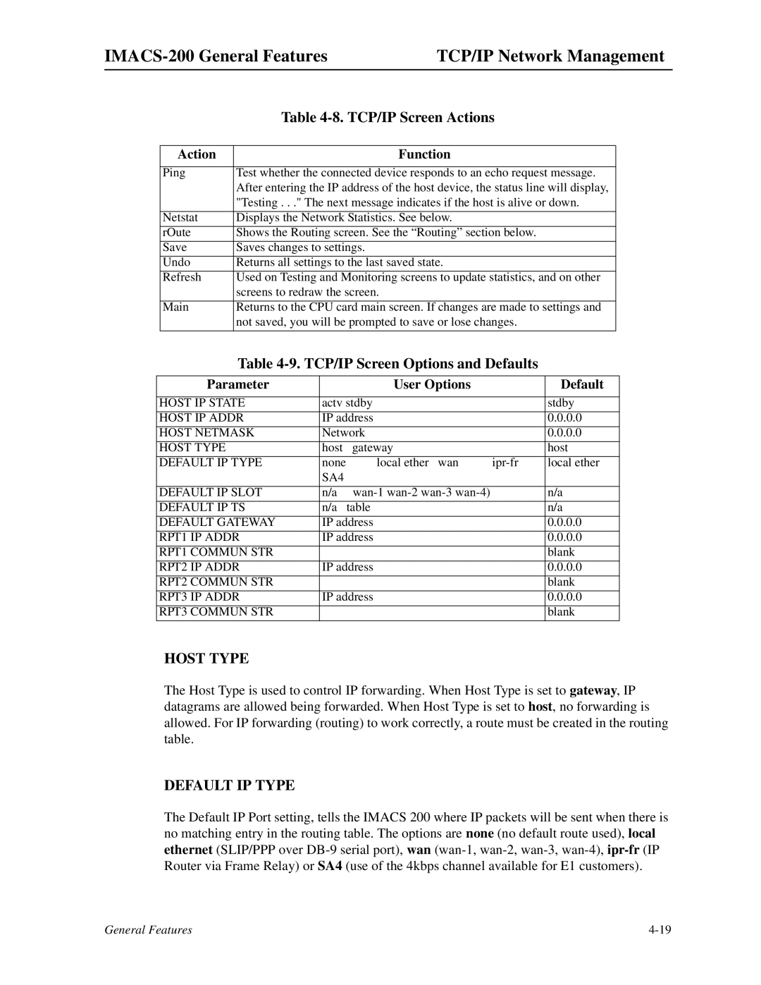 Zhone Technologies manual IMACS-200 General Features TCP/IP Network Management, TCP/IP Screen Actions, Host Type 