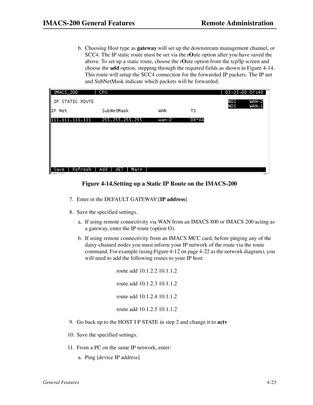 Zhone Technologies manual Setting up a Static IP Route on the IMACS-200 