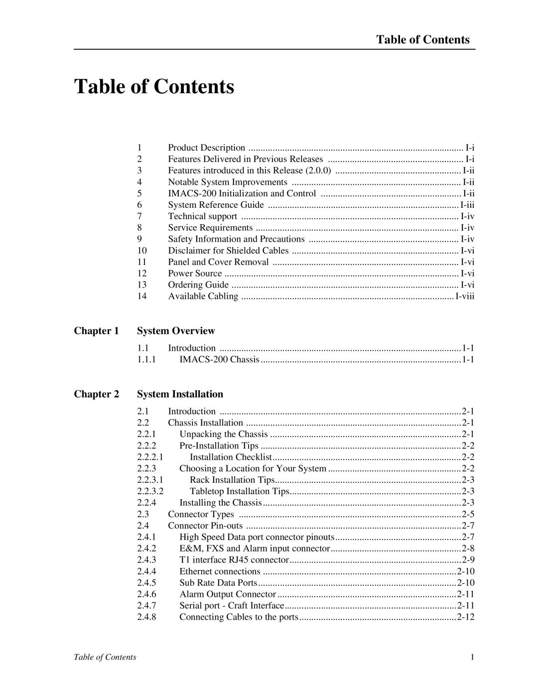 Zhone Technologies IMACS-200 manual Table of Contents 