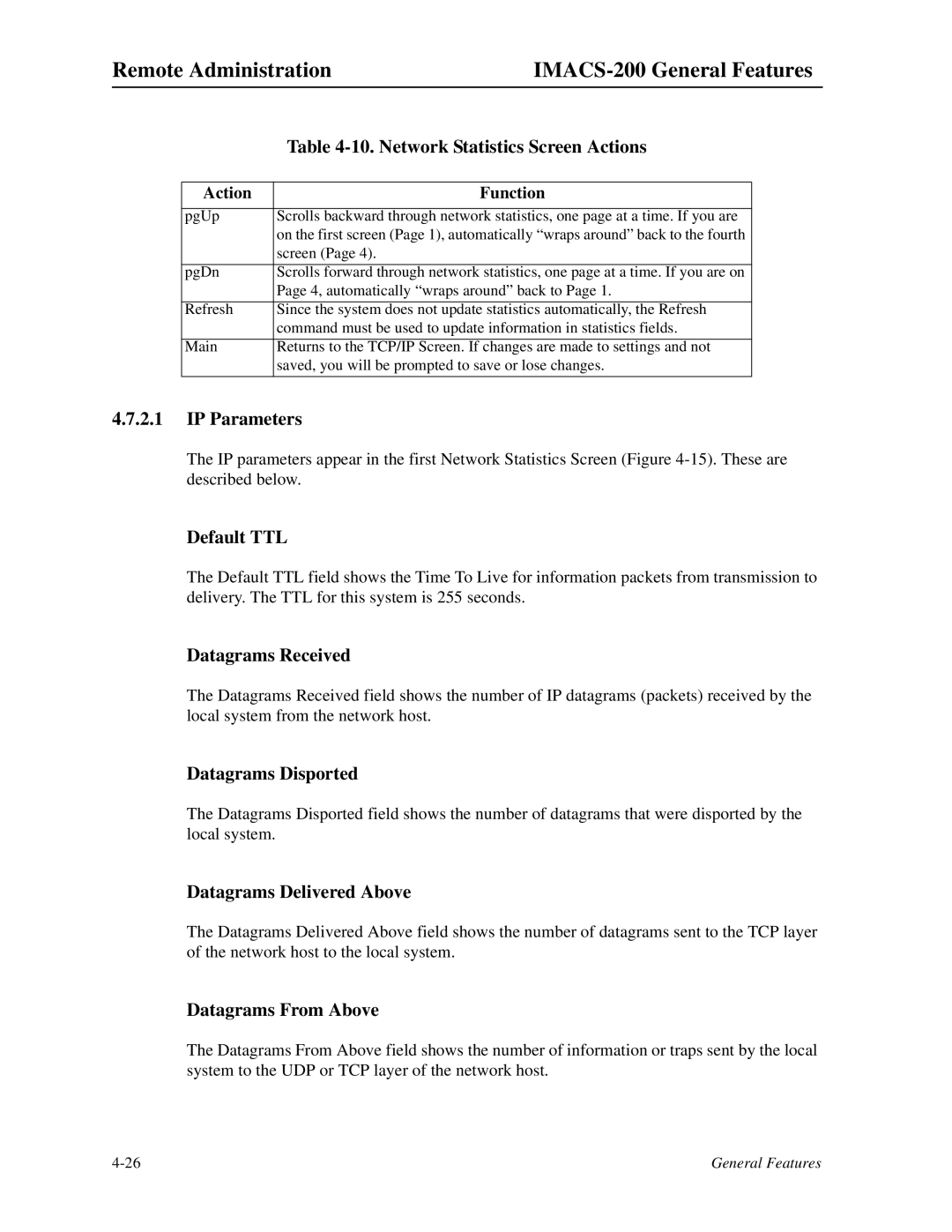 Zhone Technologies IMACS-200 manual Network Statistics Screen Actions, IP Parameters, Default TTL, Datagrams Received 