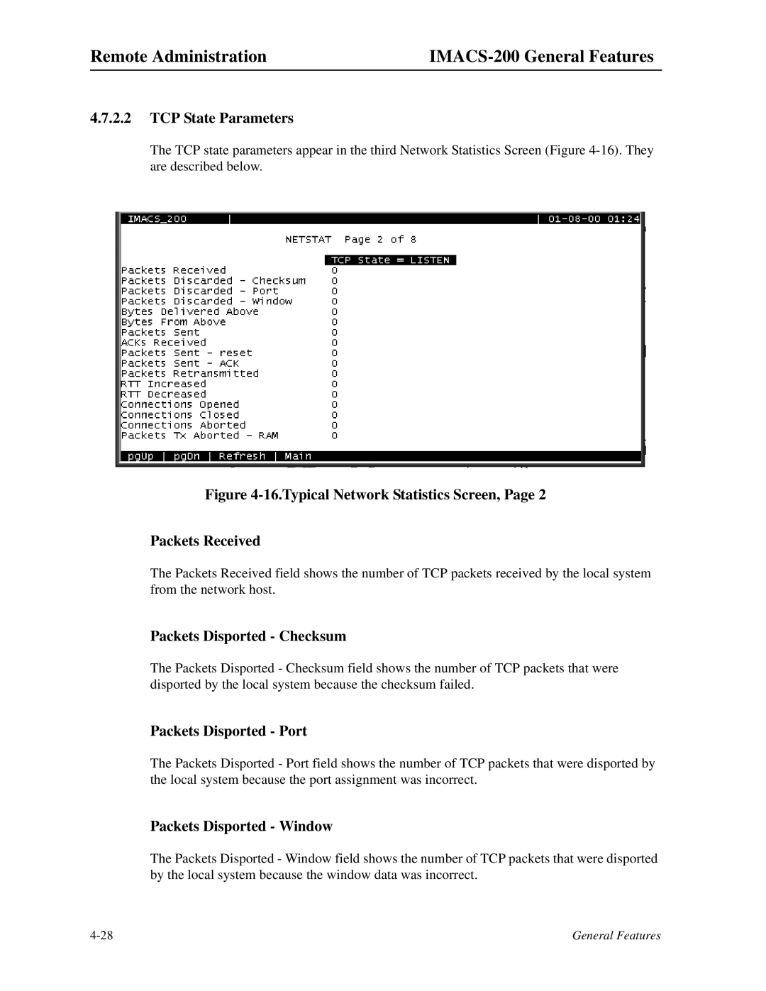 Zhone Technologies IMACS-200 manual TCP State Parameters, Packets Disported Checksum, Packets Disported Port 