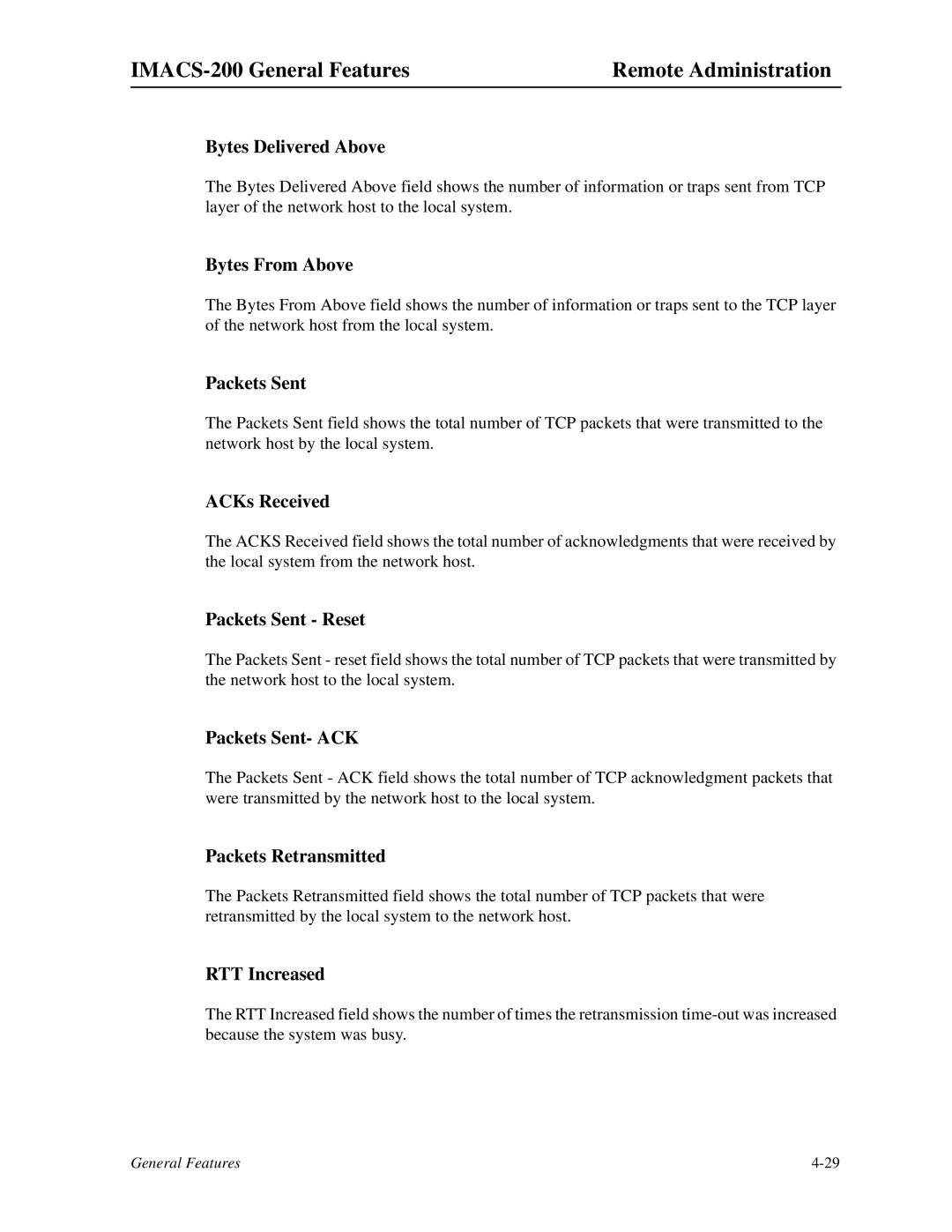 Zhone Technologies IMACS-200 Bytes Delivered Above, Bytes From Above, ACKs Received, Packets Sent Reset, RTT Increased 