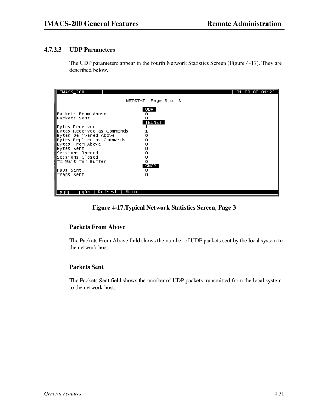 Zhone Technologies IMACS-200 manual UDP Parameters, Typical Network Statistics Screen, Packets From Above 