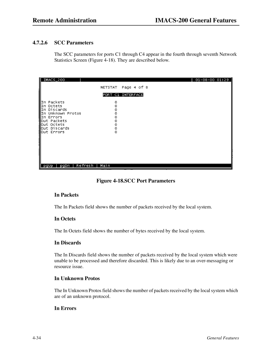 Zhone Technologies IMACS-200 manual SCC Parameters, Octets, Discards, Unknown Protos, Errors 