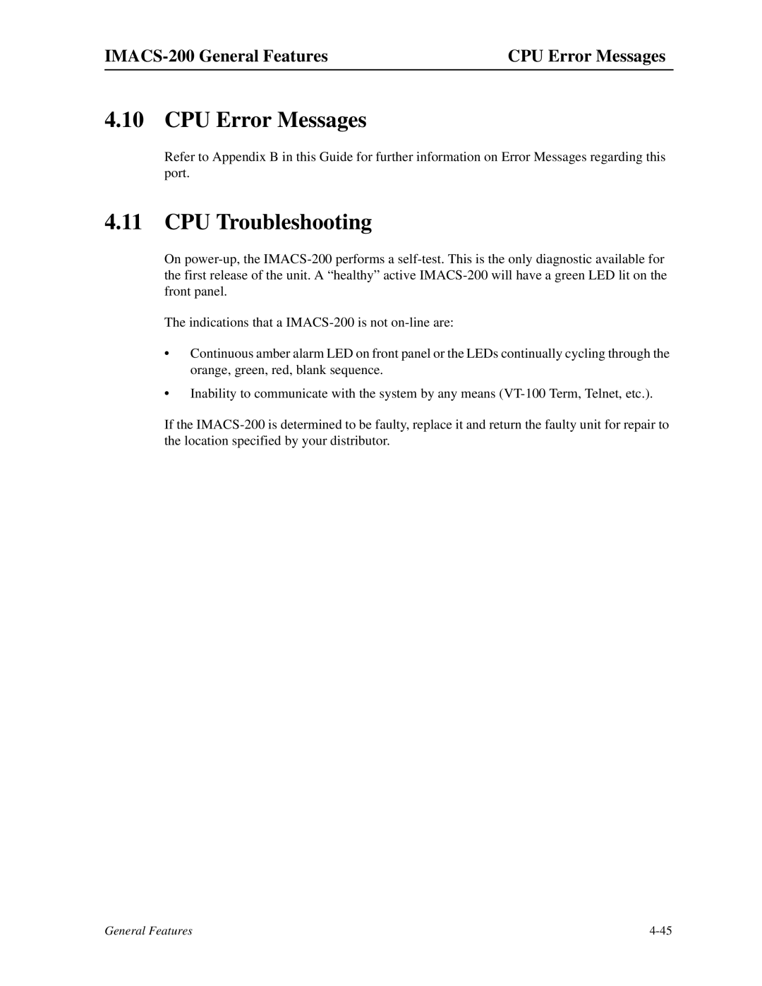 Zhone Technologies manual CPU Troubleshooting, IMACS-200 General Features CPU Error Messages 