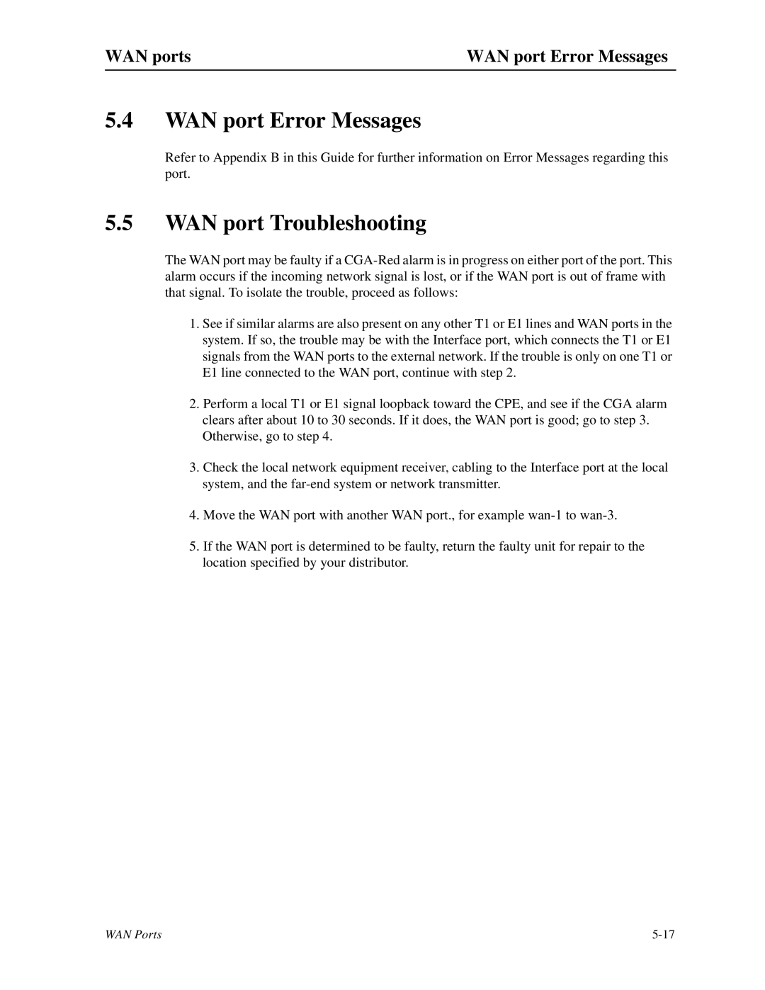 Zhone Technologies IMACS-200 manual WAN port Troubleshooting, WAN ports WAN port Error Messages 