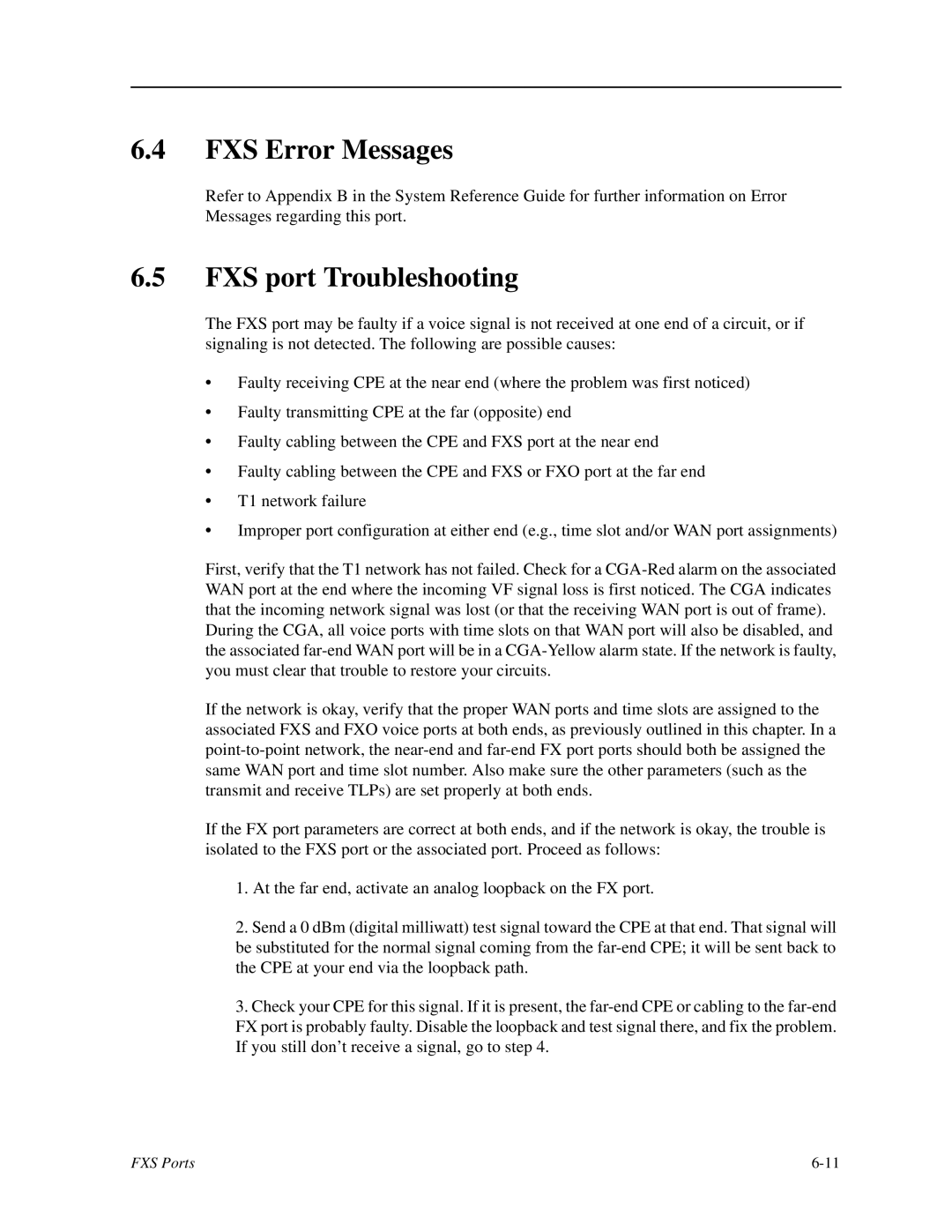 Zhone Technologies IMACS-200 manual FXS Error Messages, FXS port Troubleshooting 