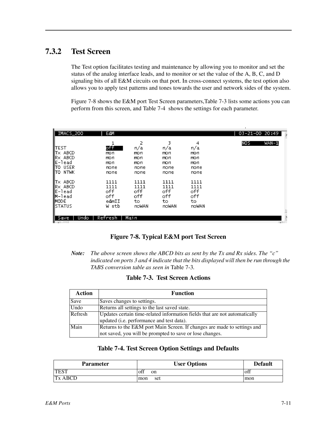 Zhone Technologies IMACS-200 manual Typical E&M port Test Screen Test Screen Actions 